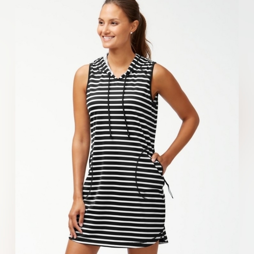 Tommy Bahama IslandActive Breton Stripe Hooded Swim Dress Large